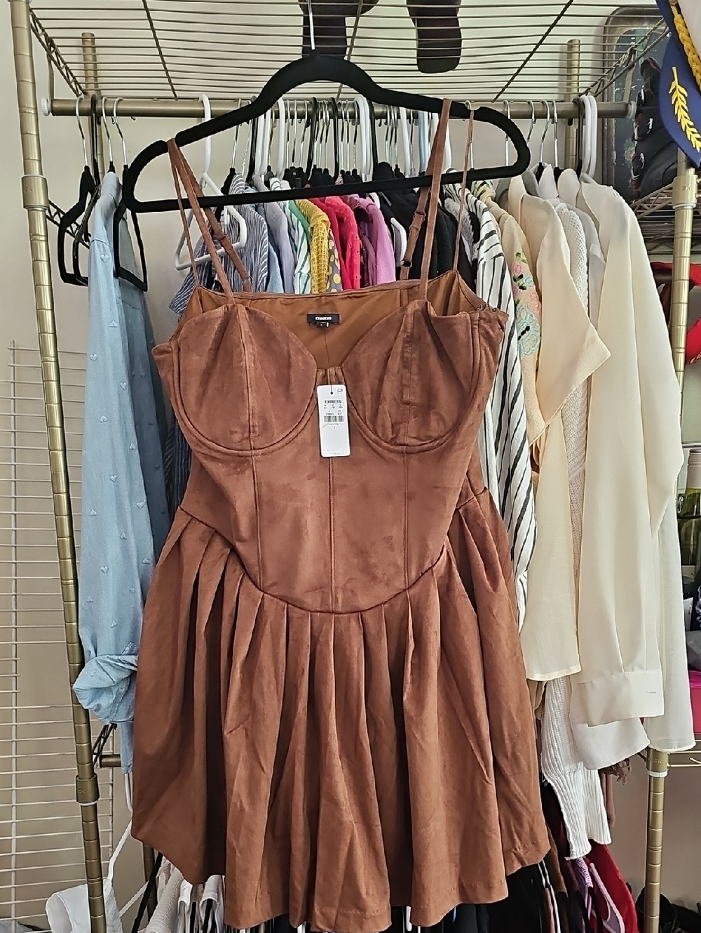 Express Brown Faux-Suede Fit & Flare Dress